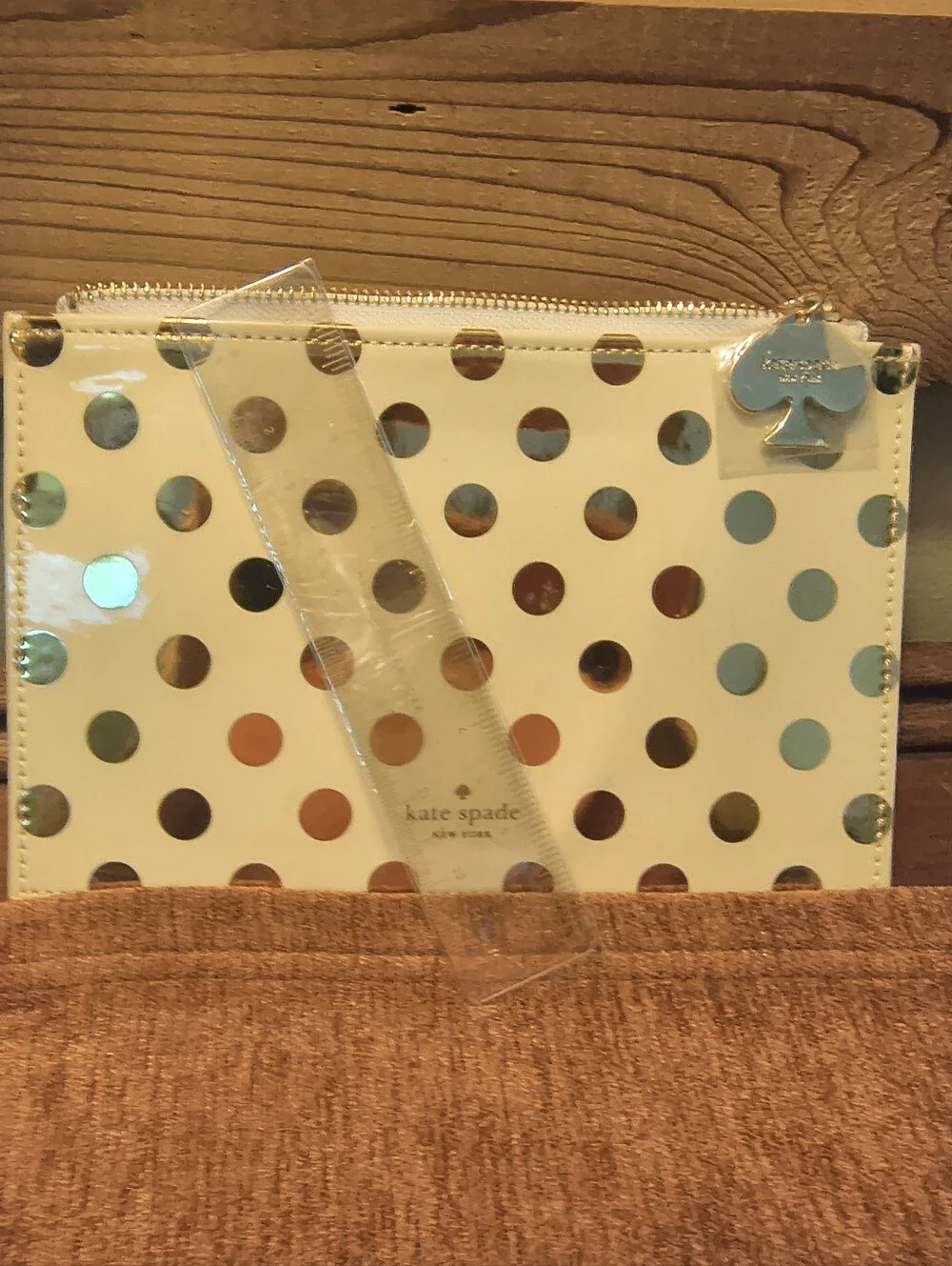 NWOT Kate Spade Pencil Pouch Polka Dot Cosmetic Case Travel Cream Gold w/Ruler